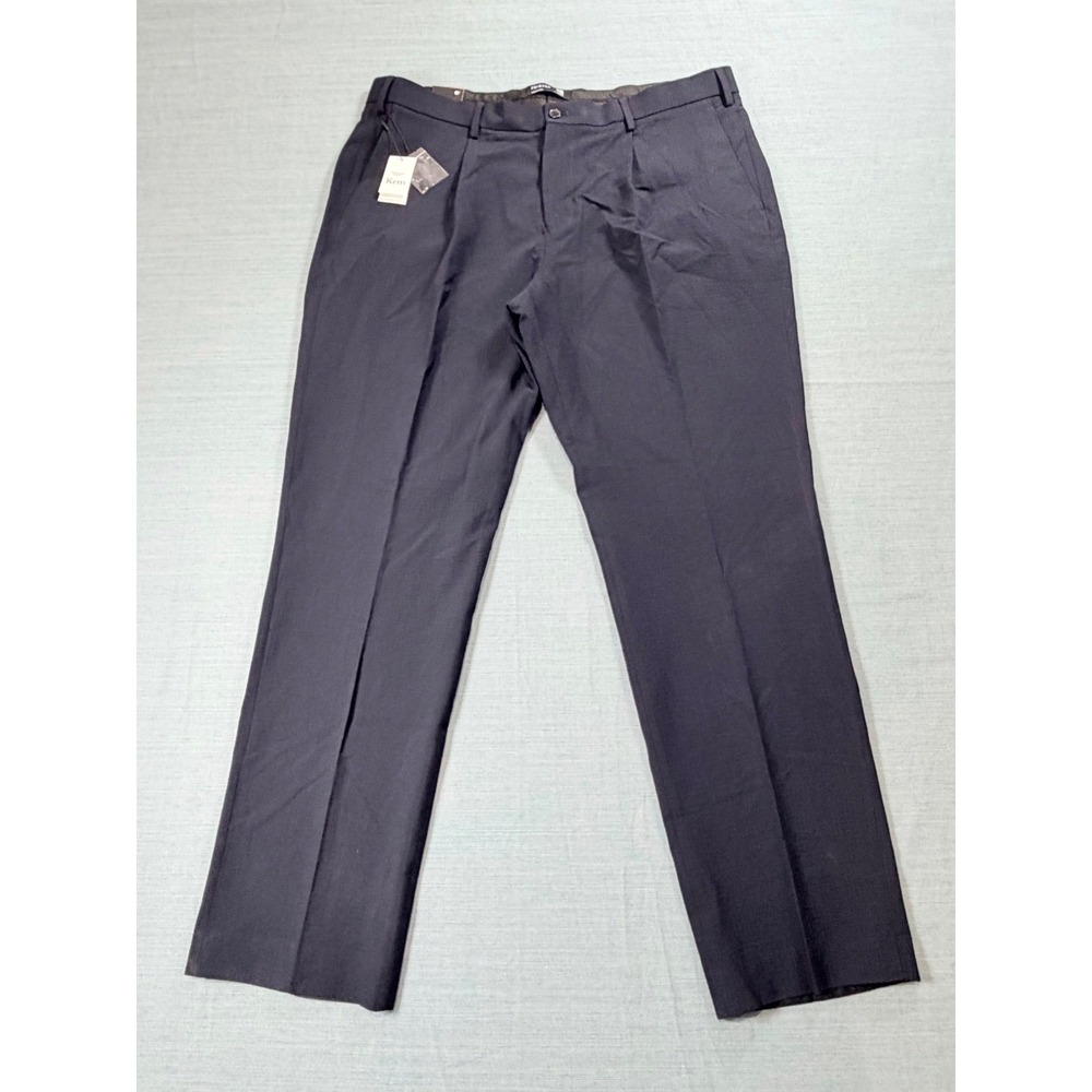 Primark Kem Navy Blue Textured Pleated Trousers Mens W38 L32 Straight Leg Pants
